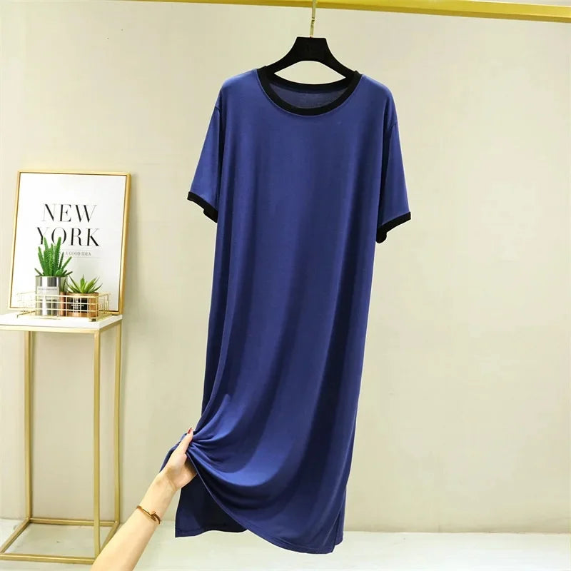 Women's Modal Short Sleeve Dress Summer Plus Size Loose Fit Thin Nightgown Homewear Versatile Base Long Dress