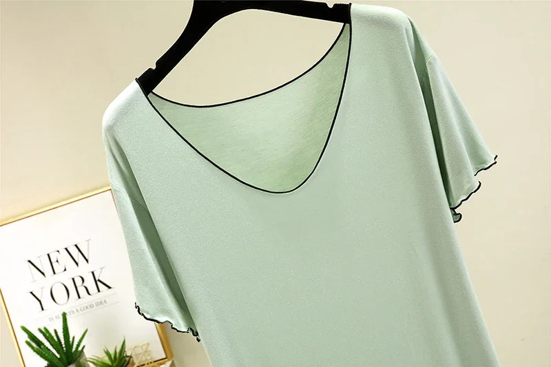 Loose Casual Modal Short Sleeve Dress V-Neck Base Skirt Thin Summer Floral Edge Sleep Dress Versatile Summer Dress