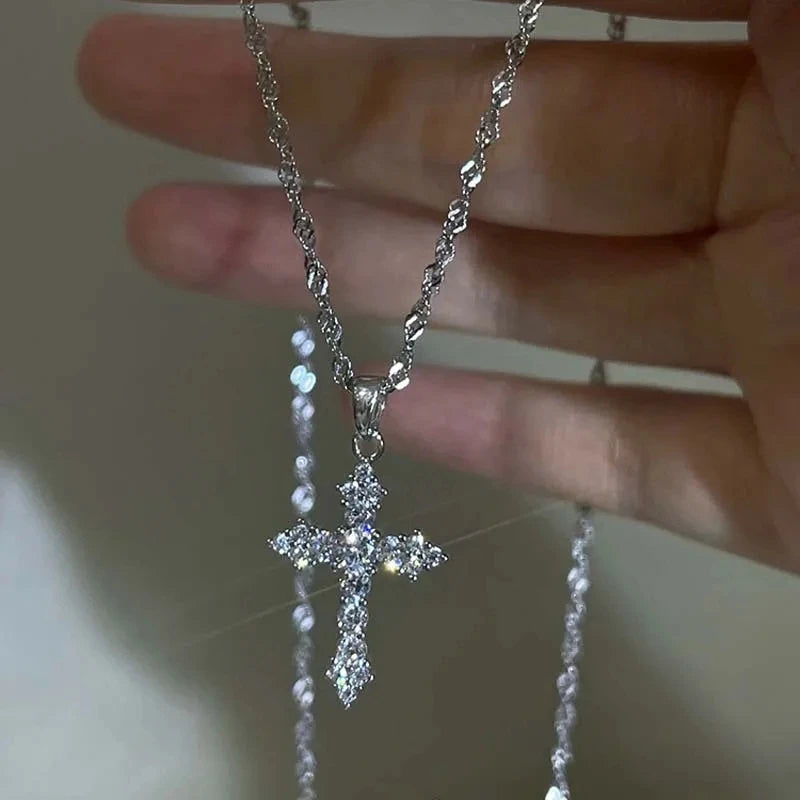 Shiny Crystal Zircon Cross Pendant Necklace For Women'S Girls Punk Silver Color Thin Chain Necklace Jewelry Birthday