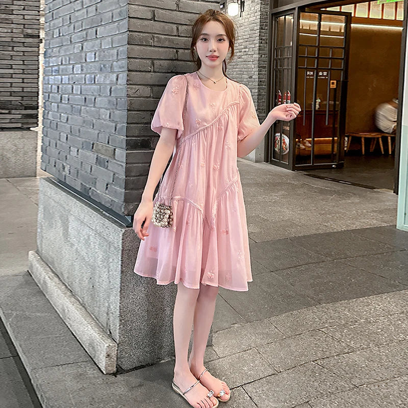 Summer Plus Size Maternity Ball Gown Dress Puff Sleeve O-neck Fashion Embroidery Pregnant Woman Short Dress Princess Dresses