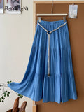 Beiyingni 2025 Summer French Women's Linen Cotton Maxi Skirts Casual Vintage Sashes Korean Long Cake Skirt Female Boho Vacation