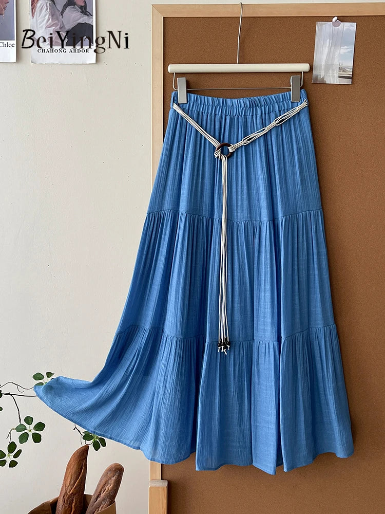 Beiyingni 2025 Summer French Women's Linen Cotton Maxi Skirts Casual Vintage Sashes Korean Long Cake Skirt Female Boho Vacation