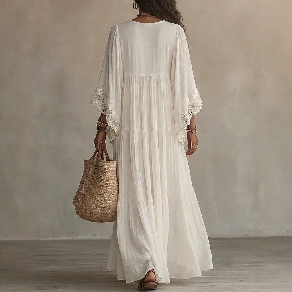 Robe Vestidos Summer Elegant Solid Dresses Womens Casual Lace Trim V Neck Flowy Maxi Dress Beach Holiday Party Maxi Dresses