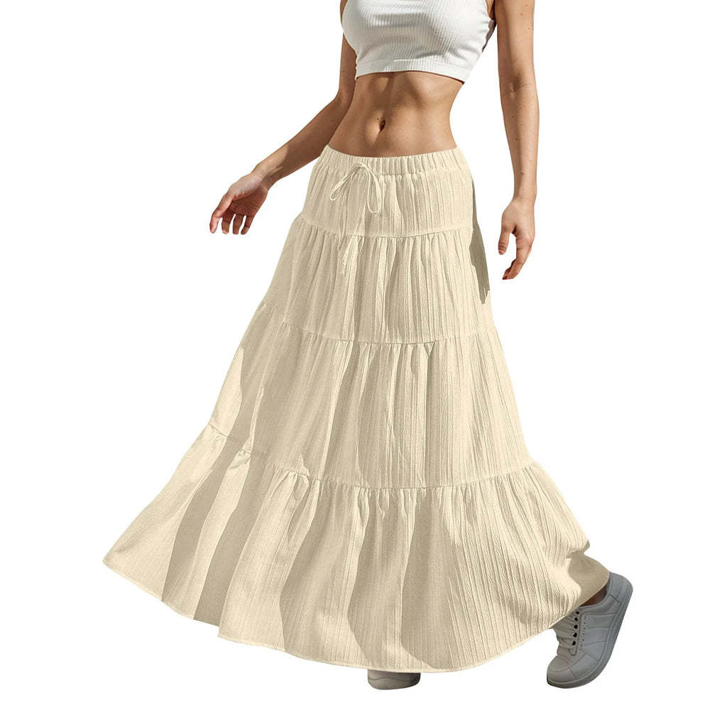 Women's Flared Ruffle Hem Maxi Skirt Fashion Women Solid Long Skirts Elastic Waist Elegant Long Skirt Spring Summer Cake Dress
