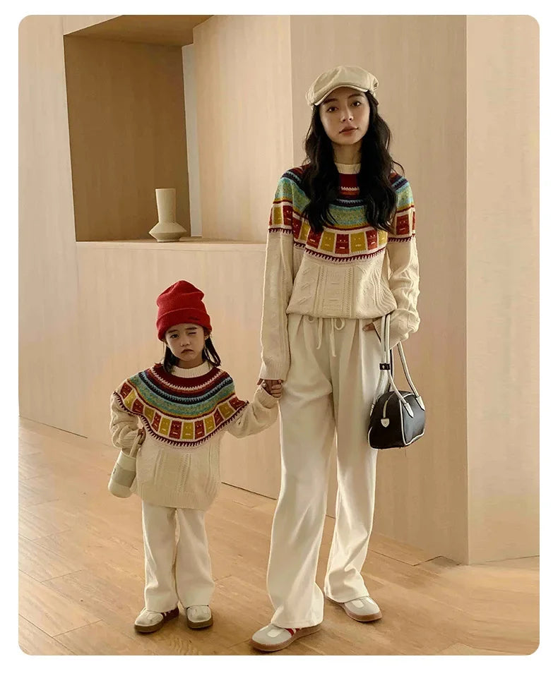 Women Sweater Print Family Daughter Matching Equal Mother Same Knit Top Pullover Baby Knitwear Clothes Knitted Jumper Holiday