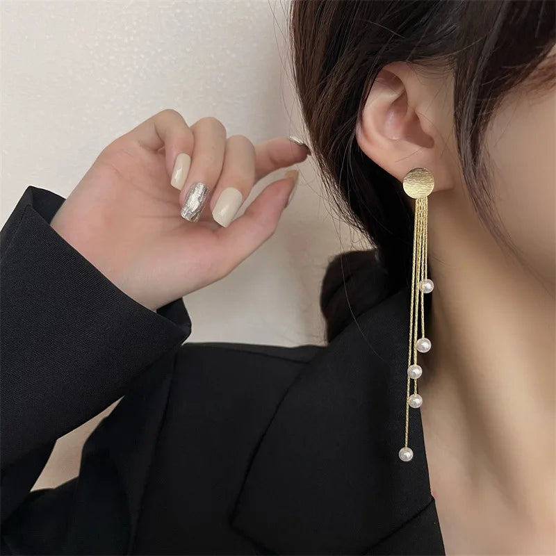 Korean Fashion Style Pearl Long Tassel Clip on Earrings for Women Simple Temperament Long Chain Non-piercing Ears Clip Earrings
