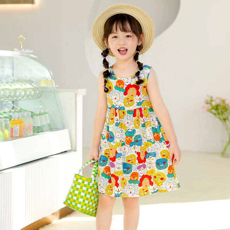 2026 Summer Girls Strapless Dress Baby Poplin Sling Dress Children Floral Pattern Dress Kids Casual Nightdress
