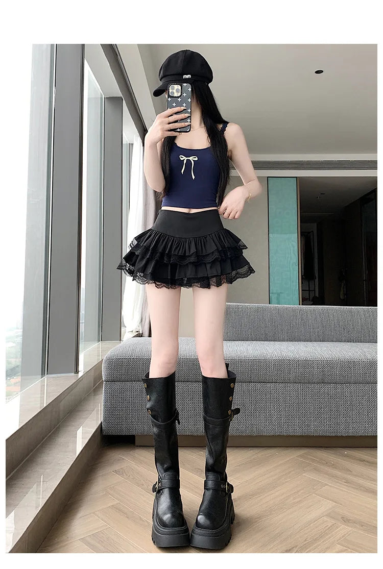 Pure Desire Lace A-Line Mini Skirt High Waist Puffy Sweet Style Short Cake Skirt Cotton Blend Fabric Summer Women's Dress
