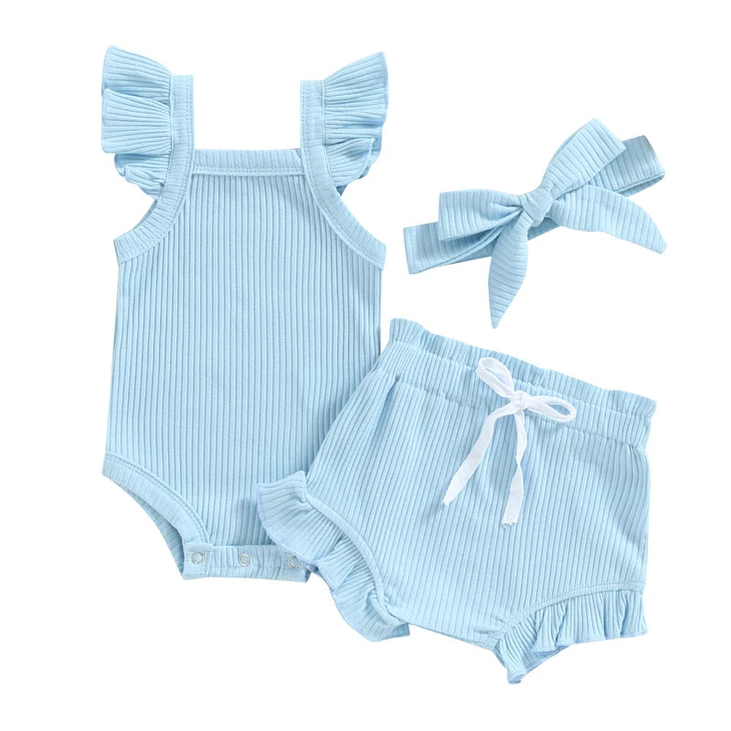 0-18M Summer Lovely Toddler Baby Girls Boys Clothes Sets Solid Knit Ruffles Sleeve Bodysuit Romper Tops Shorts 2Pcs Clothes