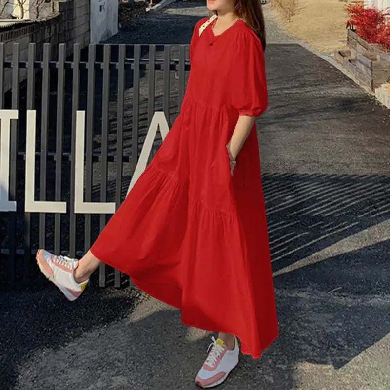 2026 Fashion Puff Short Sleeve Dress for Women Summer Solid Casual Sundress Comfort Cotton Maxi Dress Modest Robe Vestidos Femme