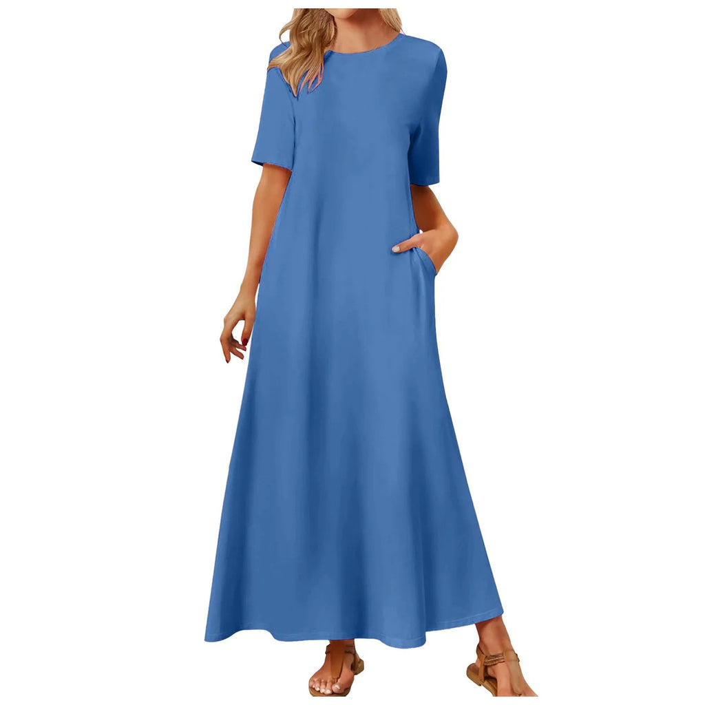 Women's Elegant Slim Fit Maxi Dresses Solid Short Sleeve O Neck With Pockets Ankle Length Dresses Casual Beach Holiday Dresses