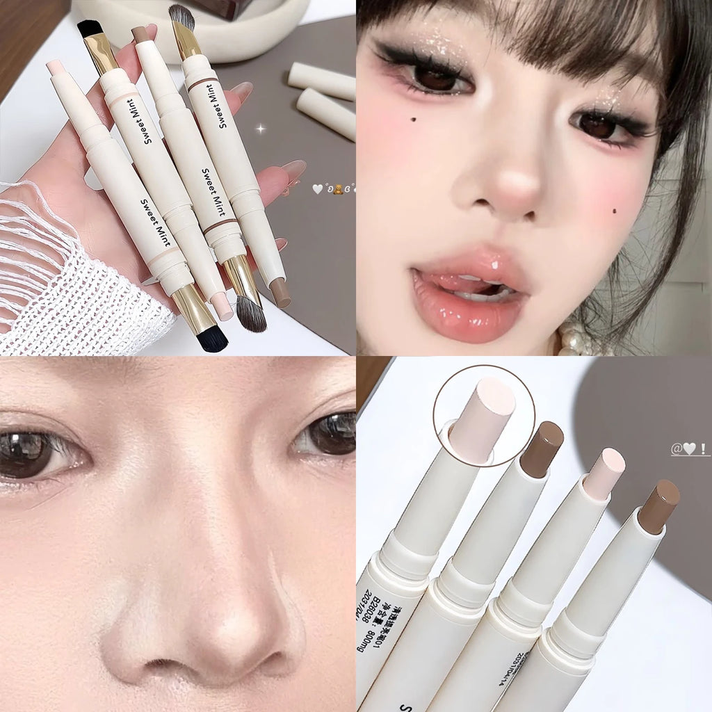 Dual-Ended Face Contour & Highlight Stick 3D Nose Shadow with Smudge Brush Silky Smooth Concealer Pen Natural Sculpting Makeup