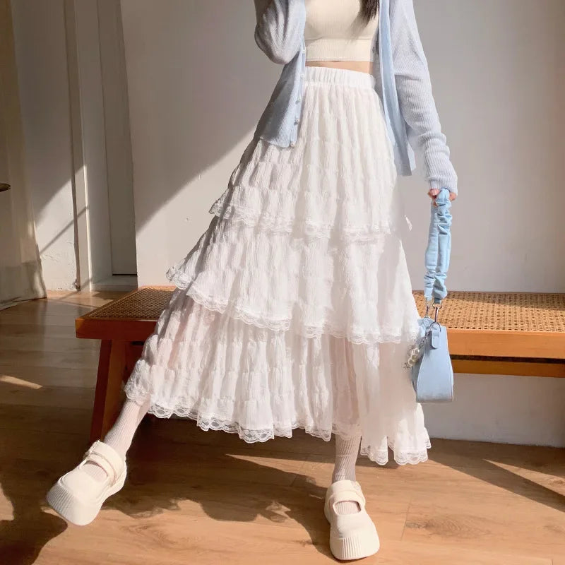 Sweet Lace Ruffles Long Skirt Women Summer Cute Puff Cake A Line Skirt Woman Korean Style High Waist White Chiffon Tulle Skirt