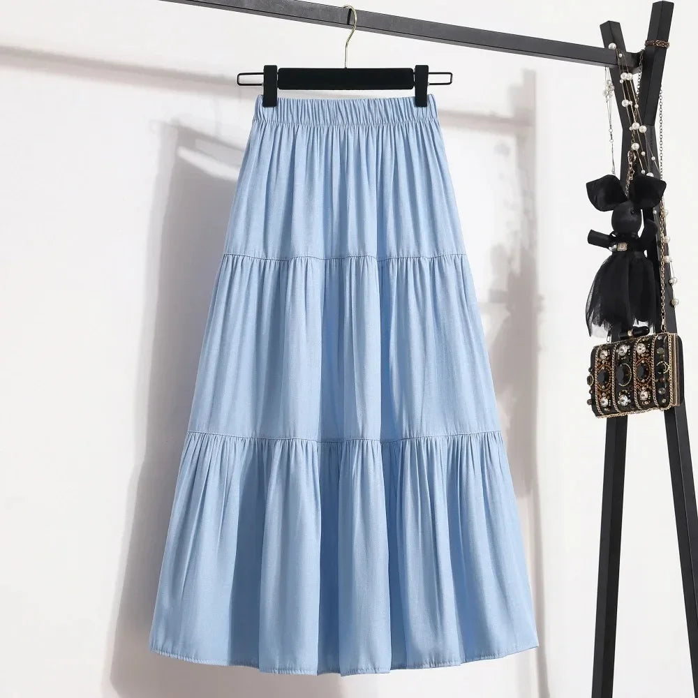 Casual Vintage Women Skirt Matching Chic Lady's White Skirt Sweet Girl's Cake Skirt Elastic Waist A-Line Mid Length Flare Skirt