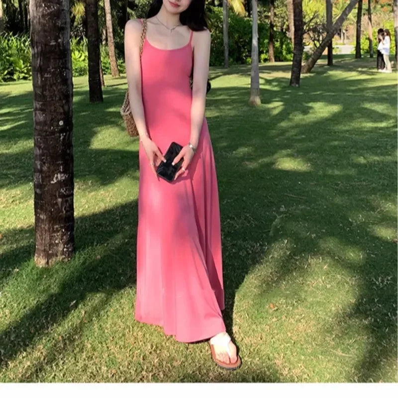New Summer Sexy Celebrity Style Solid Color Dress for Women with Suspender Long Dress Slim Fit Temperament Vacation Casual Dress