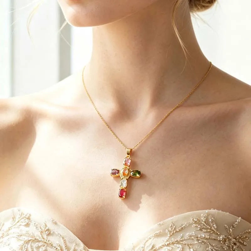 Fashion Colorful Zircon Cross Pendant Necklace For Women Stainless Steel Silver Color Charm Religious Necklaces Jewelry