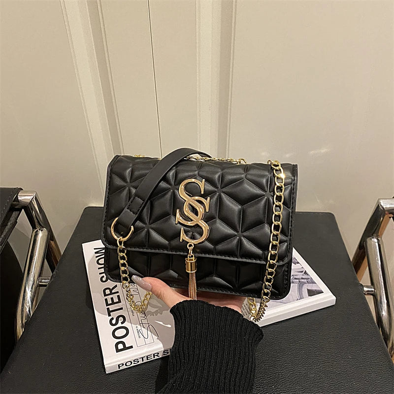 Fashionable Small Fragrant Style Argyle Quilted Small Square Bag Metal Letter Tassel Diagonal Cross Bag Commuter Shoulder Bag