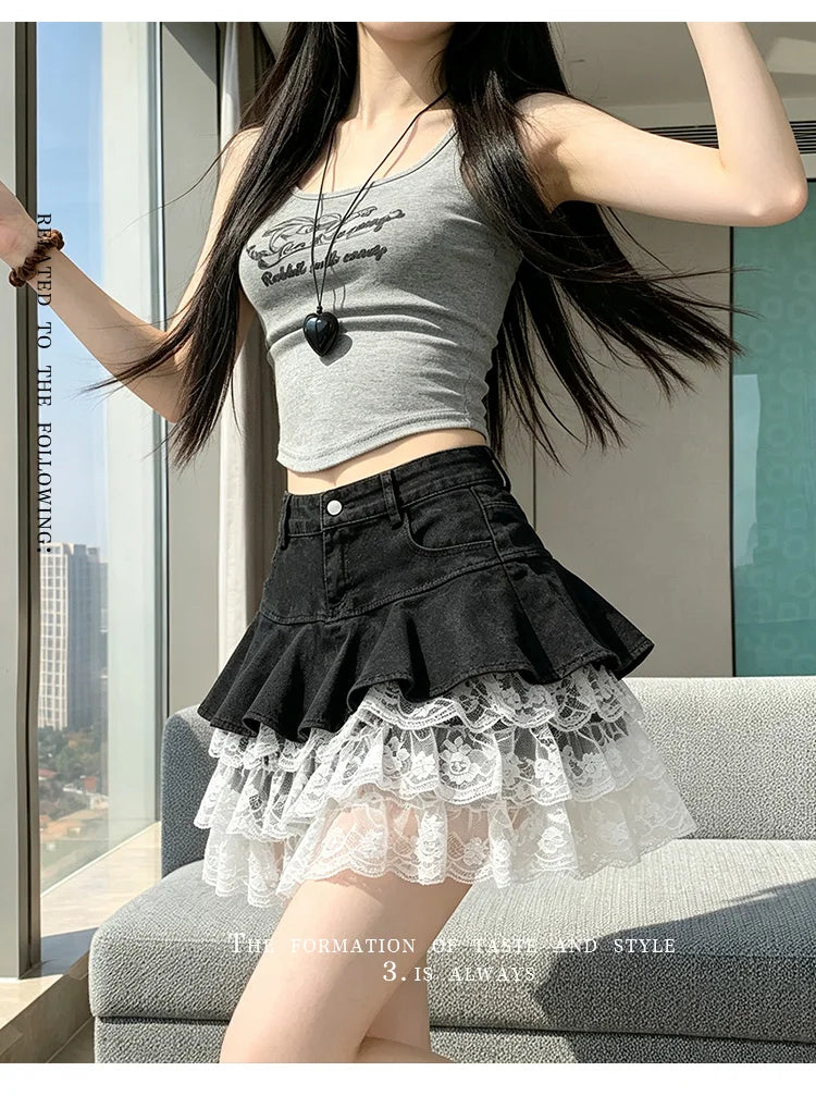 HotSweet Denim Patchwork Lace Mini Skirt 2026 Summer Ruffled Slimming A-Line Skirt For Women Streetwear Y2k Short Skirts