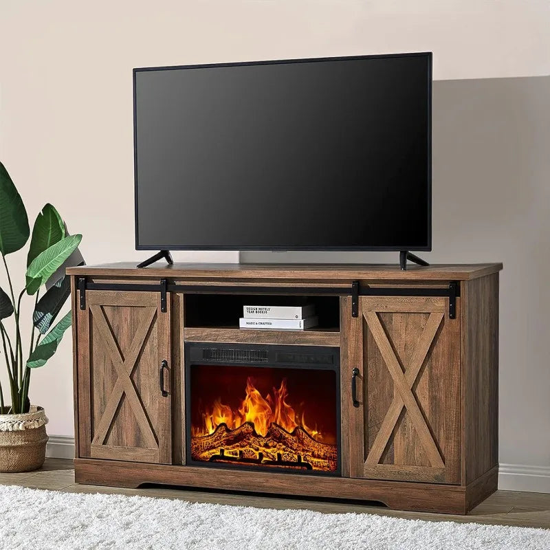AMERLIFE Fireplace TV Stand with Sliding Barn Door Farmhouse Fireplace Entertainment Center with Storage Cabinets/Adjustable