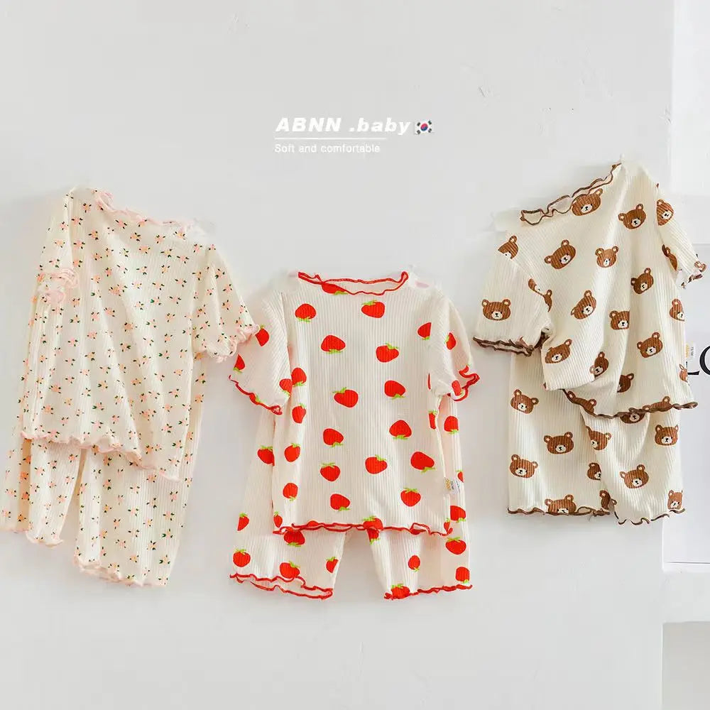 Summer Fashion New Short Sleeve Round Neck Flower Printed T-shirt Top+Pants 2 Piece Set Kids Casual Home Clothes
