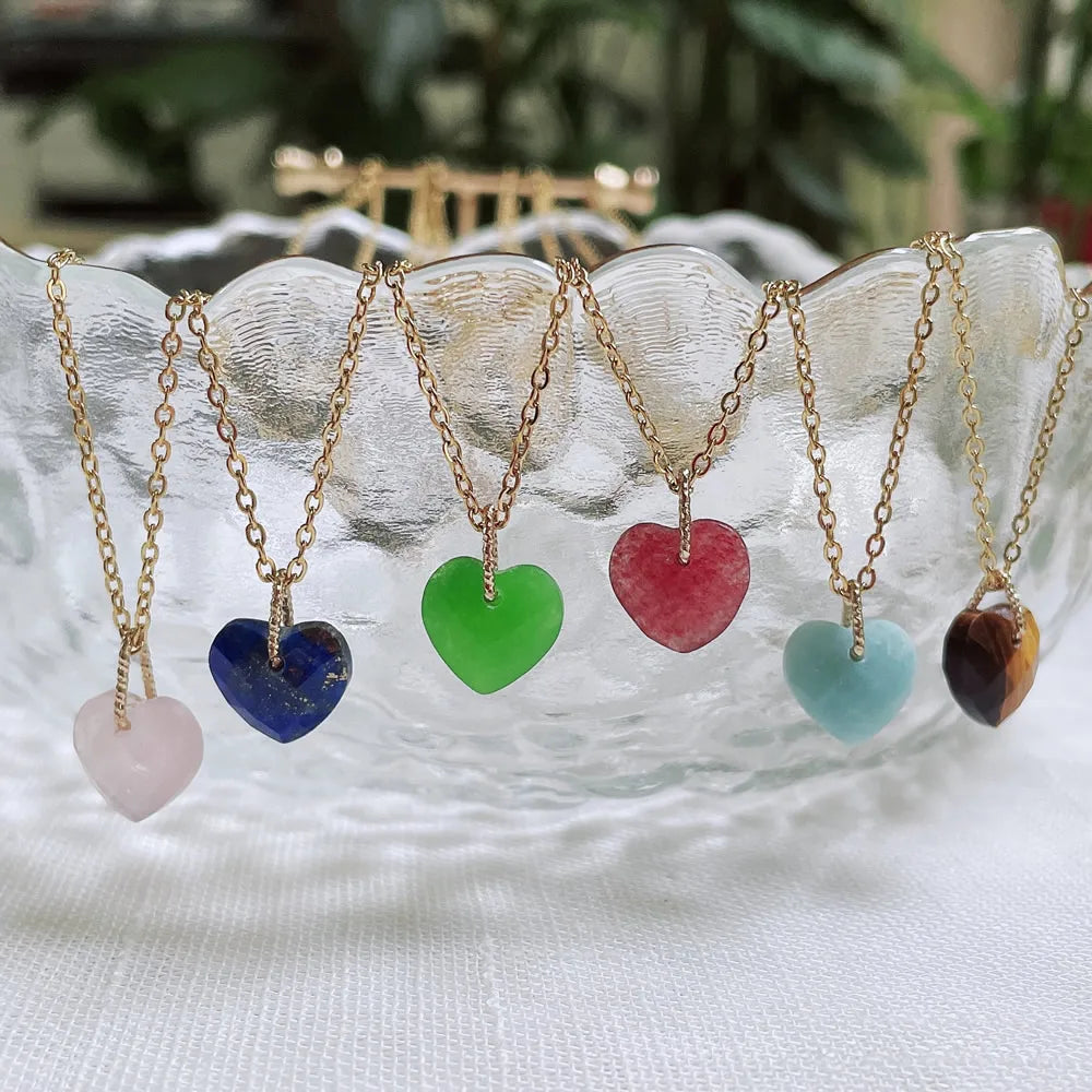 Korean Fashion Real Natural Crystal Stone Pendant Necklace Minimalist Jewelry Mini Small Heart Pendulum Steel Chain Women Choker