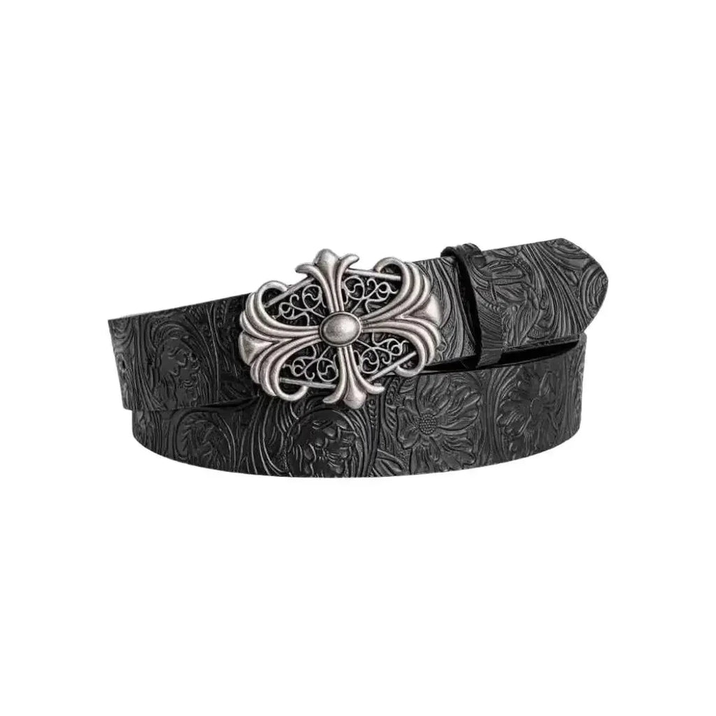 Hong Kong-style Denim Belt with Cross Carving & Rivets Niche Subculture Style Versatile Street Waistband for Casual Daily Outfit