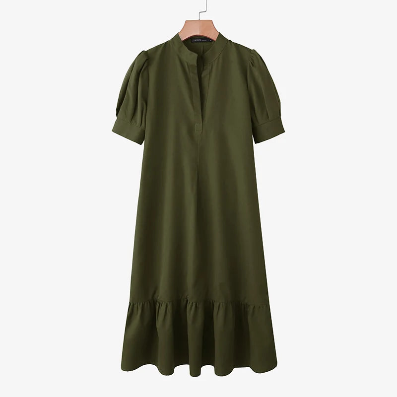 Women Casual A-Line Midi Dress Stand Collar Half Puff Sleeves Solid Color Loose Dresses ZANZEA Minimalist Daily Wear Vestidos