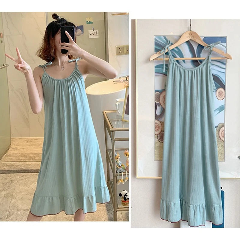 Korean Style Ladies Lovely Summer Sleeveless Strap Sleepwear Woman Night Dress Sleeping Nightgown Home Clothes