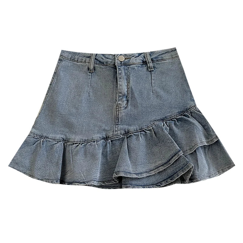 Personalized Asymmetrical Pleated Blue Denim Skirt High Waist Lining A-line Short Skirt Summer Fashion Hotsweet Women's Clothing