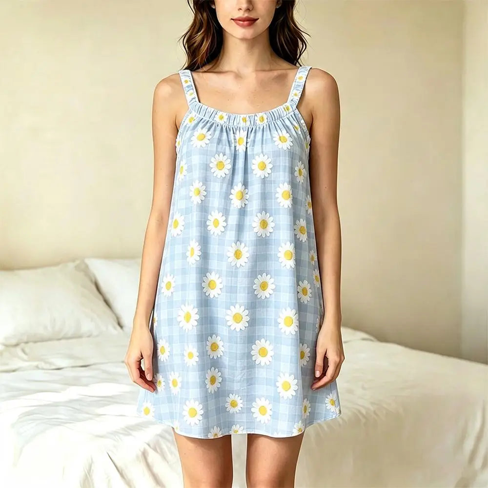 Women Summer Camisole Nightgown Sweet Daisy Plaid Print Loose Sleeveless Night Dress Soft Breathable Casual Ladies Homewear