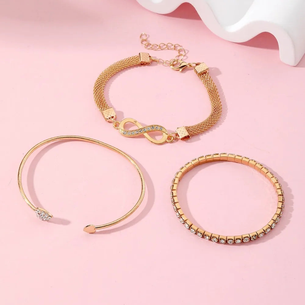 Vintage Infinity Heart Crystal Rhinestone Bracelet Set For Women'S Female Gold Color Metal Adjustable Bracelets Fashion Jewelry