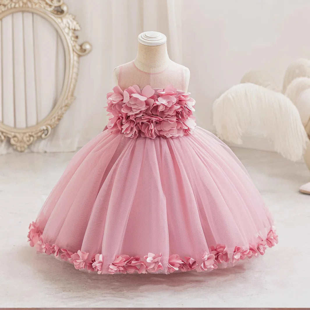 HETISO Summer Children Girls Petals Princess Dress Kids Flower Mesh Costumes Gown for New Year Holiday Party 3-10 Years