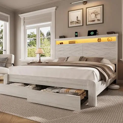 King Size Wooden Platform Bed Frame with Headboard,Brown | 2 Storage Drawers, LED Lights & Charging Station, Easy
