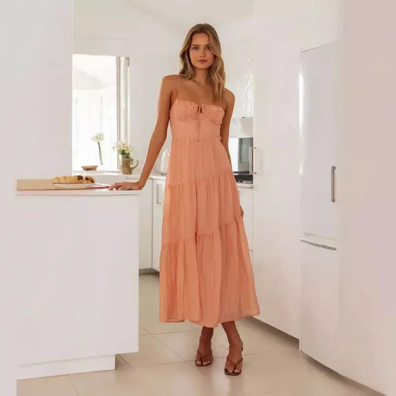 Women Spaghetti Strap Front Tie Tiered Flowy Backless Maxi Dress