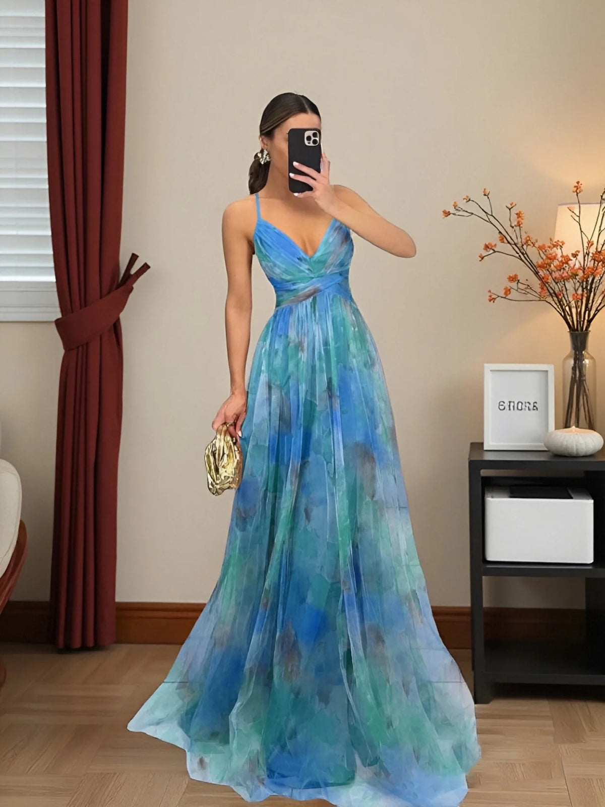 2026 NEW WOMEN'S MESH PRINT BACKLESS CAMISOLE DRESS, LIGHT LUXURY ELEGANT EVENING GOWN FOR PARTIES