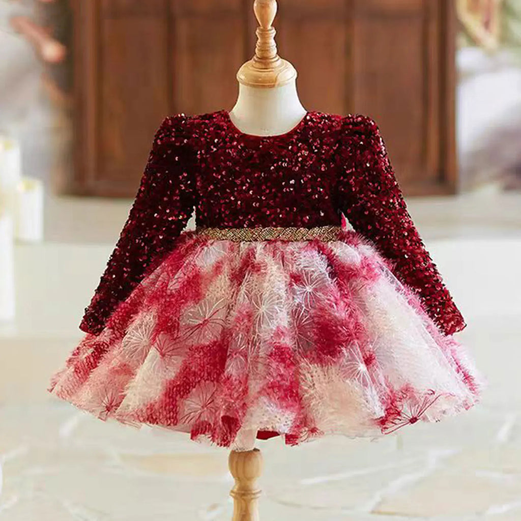 Dreamy Vow J721 Gorgeous Burgundy Girl Dress Long Sleeved Tulle Sequined Embroidered for Kids Party Knee Length Ball Gown