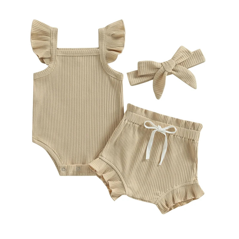 0-18M Summer Lovely Toddler Baby Girls Boys Clothes Sets Solid Knit Ruffles Sleeve Bodysuit Romper Tops Shorts 2Pcs Clothes