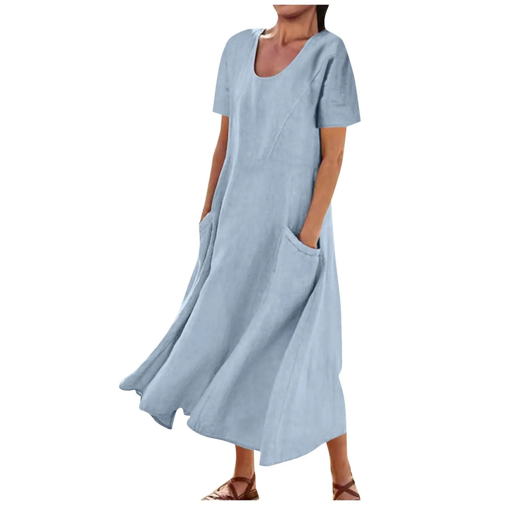 Women Solid Cotton Linen Round Neck Short Sleeve Loose Flowy Maxi Dress EU US Gown