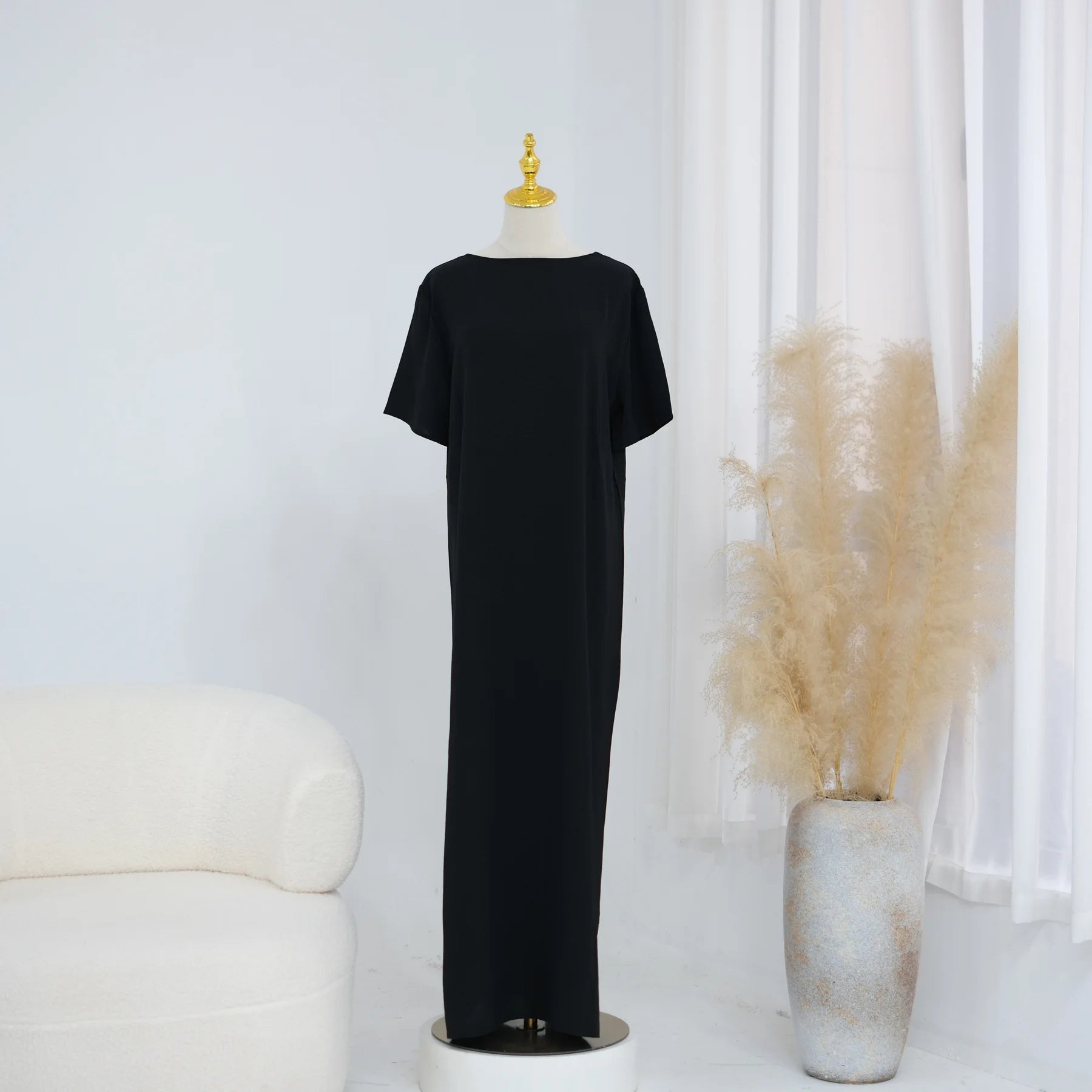 Modest Short Sleeve Women Inner Dress Basic Abaya Muslim Eid Ramadan Round Neck Maxi Loose Casual Long Versatile Fashion Kimono