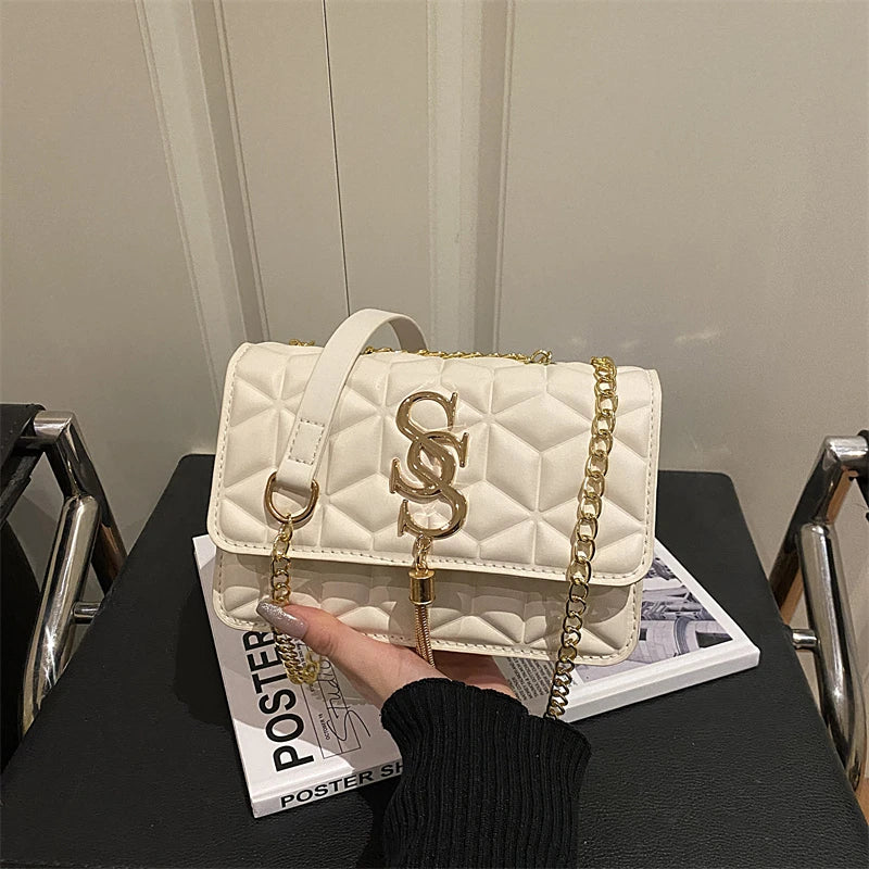 Fashionable Small Fragrant Style Argyle Quilted Small Square Bag Metal Letter Tassel Diagonal Cross Bag Commuter Shoulder Bag