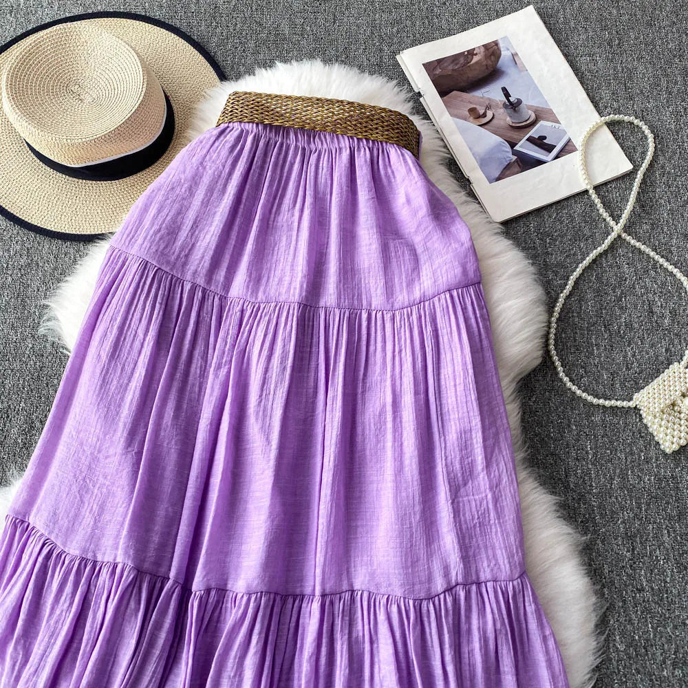 White Casual Mid-Length Puffy Skirt Women's Summer High Waist Slimming Cake Skirt Korean Sle Commute A-Line Skirt
