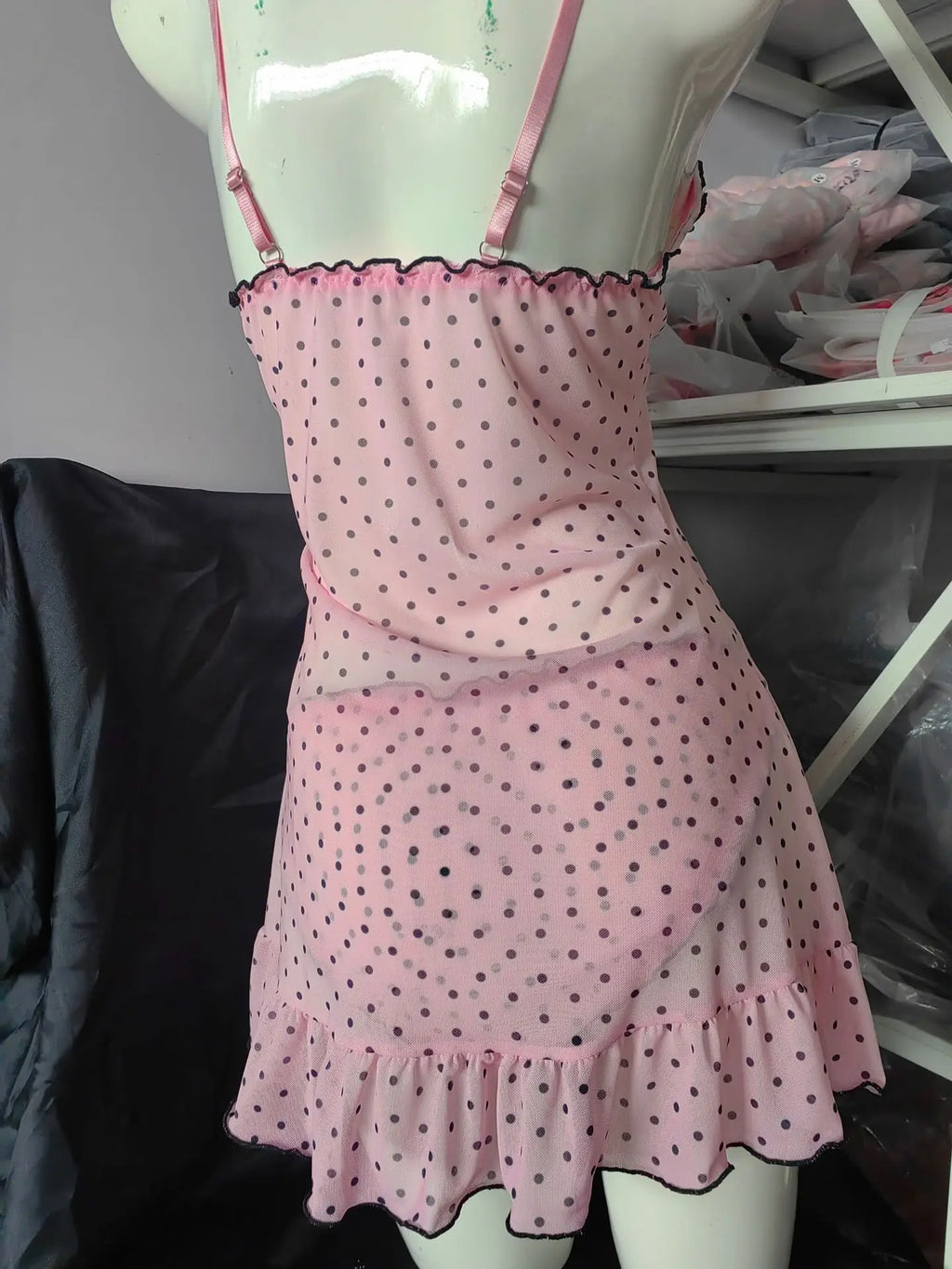 Sexy Women Pink Deep V Polka Dot Stretch Mesh Spaghetti Strap Nightgown Panties Two Piece Sleepwear Lingerie Set