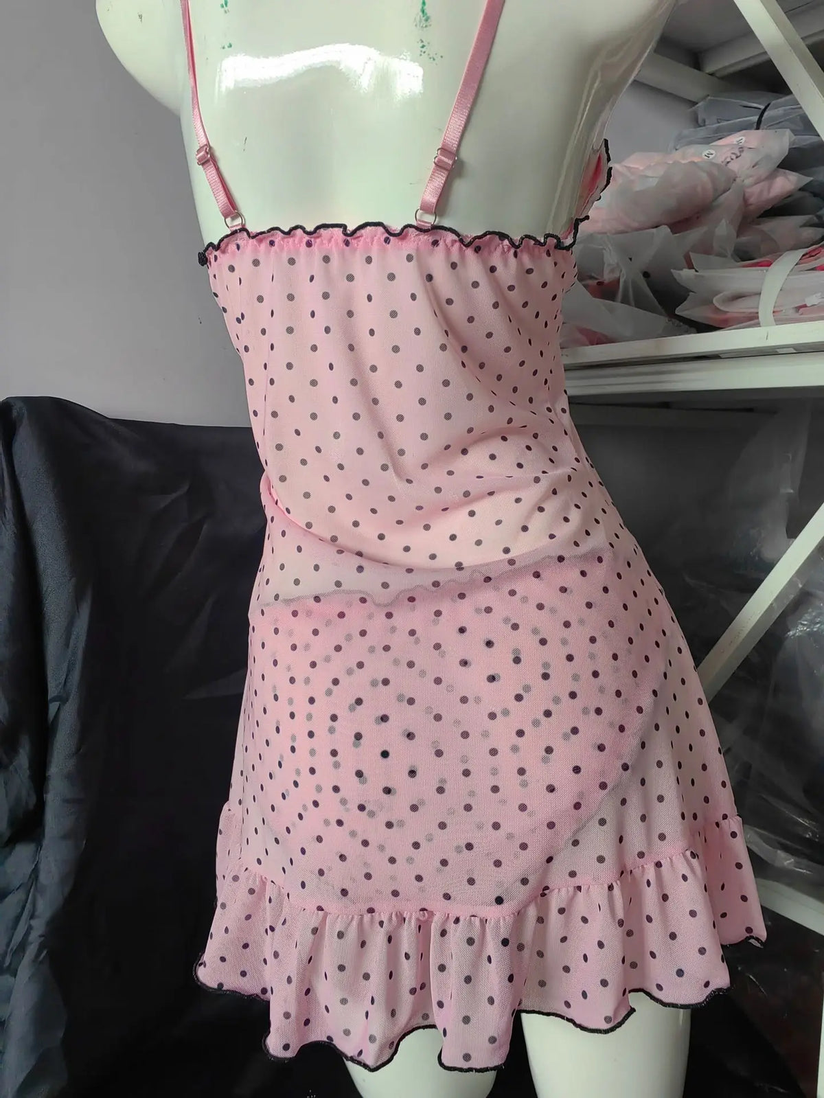 Sexy Women Pink Deep V Polka Dot Stretch Mesh Spaghetti Strap Nightgown Panties Two Piece Sleepwear Lingerie Set