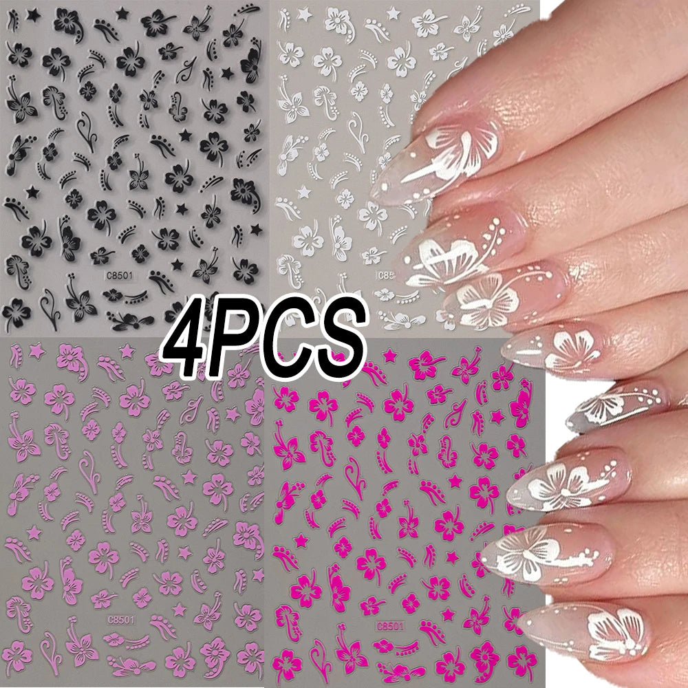 1 pieza 3D pegatinas de hibisco para uñas, flores blancas y negras, pétalos, calcomanías adhesivas, deslizadores florales rosas y dorados para decoración de uñas