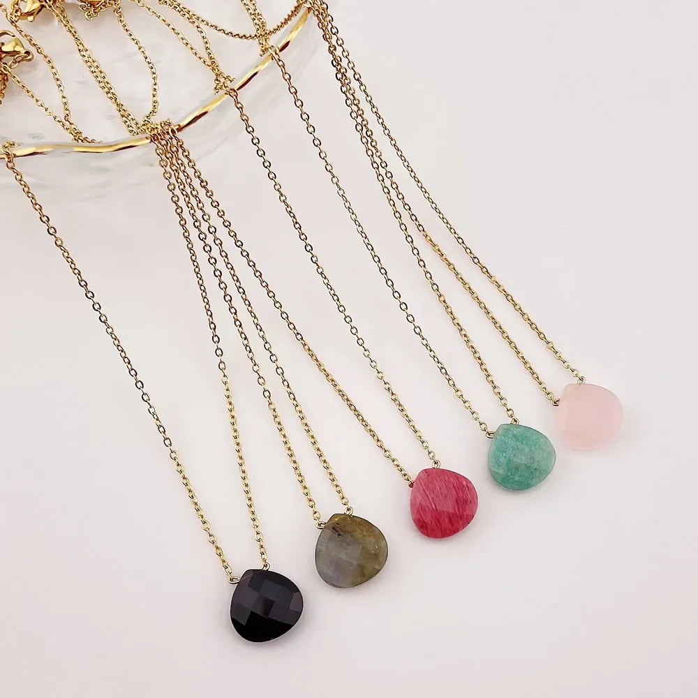 Natural Crystal Stone Pendant Necklace for Women Triangle Water Drop Real Amethysts Roses Quartz Steel Chain Crystal Necklace