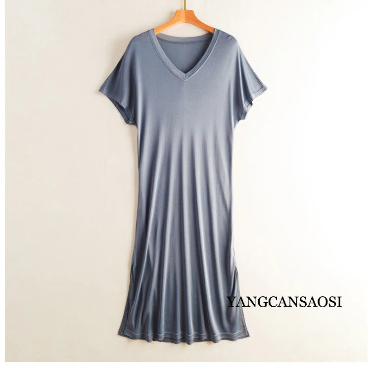 Women's Casual Summer New 23% Natural Mulberry Silk Side Slit V-neck Loose Shoulder Short Sleeved Solid Color Base Knitted Dress