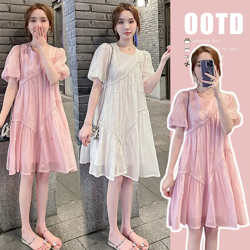 Summer Plus Size Maternity Ball Gown Dress Puff Sleeve O-neck Fashion Embroidery Pregnant Woman Short Dress Princess Dresses