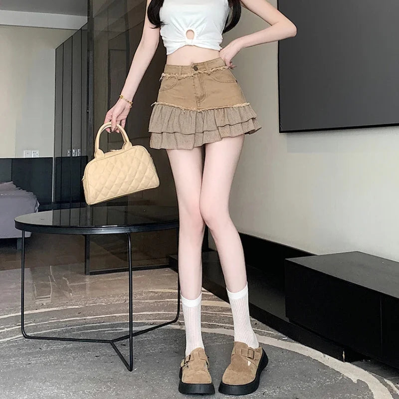 Fashion 2025 New Denim Patchwork Ruffle Denim Skirts Women Summer Retro High Waist Slim Skirts Woman