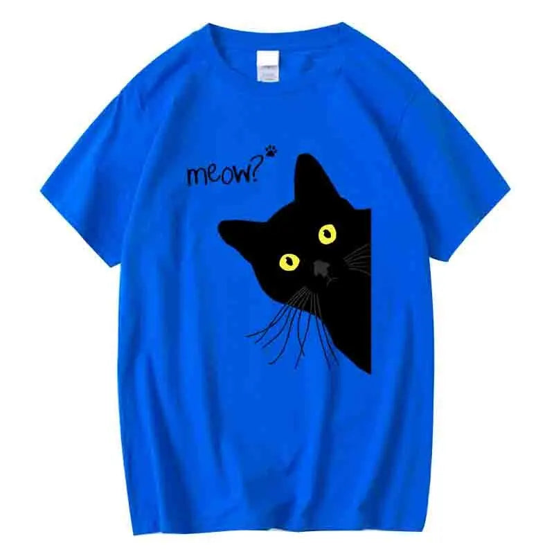 Men'S T-Shirt 100% Cotton Summer Meow Black Cat Print Men T Shirt Casual Loose O-Neck Men Tshirt Short Sleeve T-Shirt Male Tees