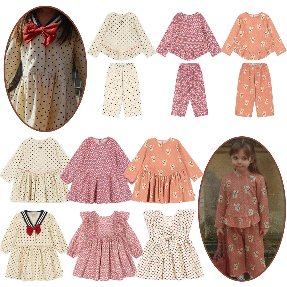 Summer 2026 Ks Girls Polka Dot Print Dress Girl Vacation Long Sleeved Tops Pants Kids Preppy Style Dresses Children Clothes Set